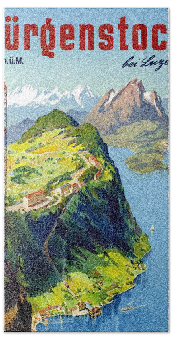 Burgenstock Beach Towel featuring the painting Burgenstock and Lucerne, Switzerland by Long Shot