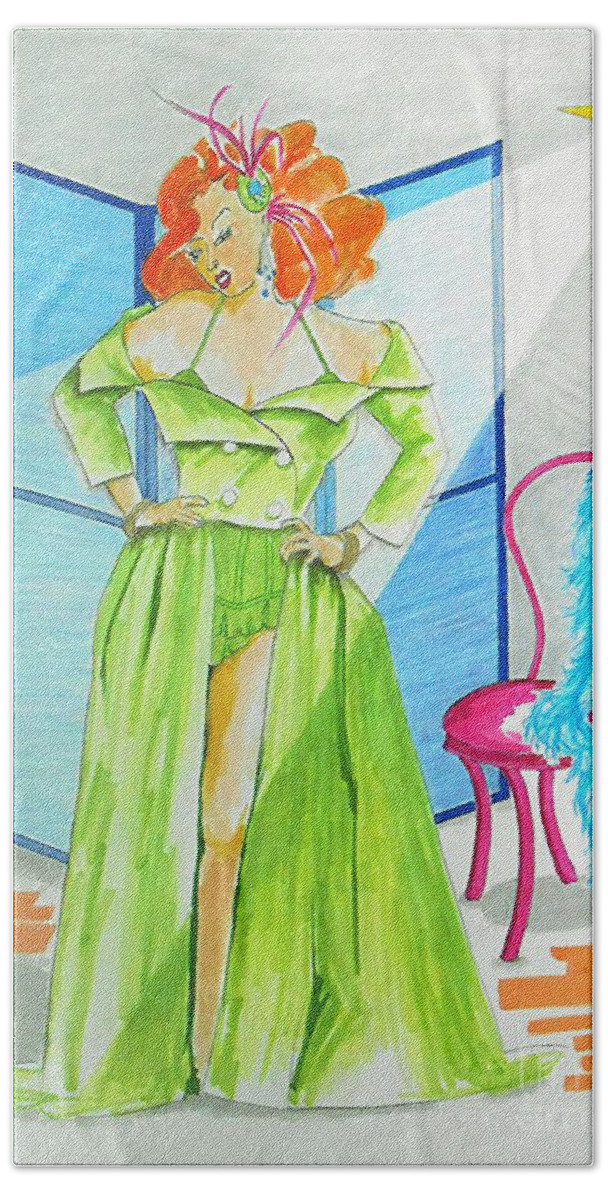 Burlesque Beach Towel featuring the drawing Burly-Que Babe -- Portrait of Burlesque Dancer by Jayne Somogy