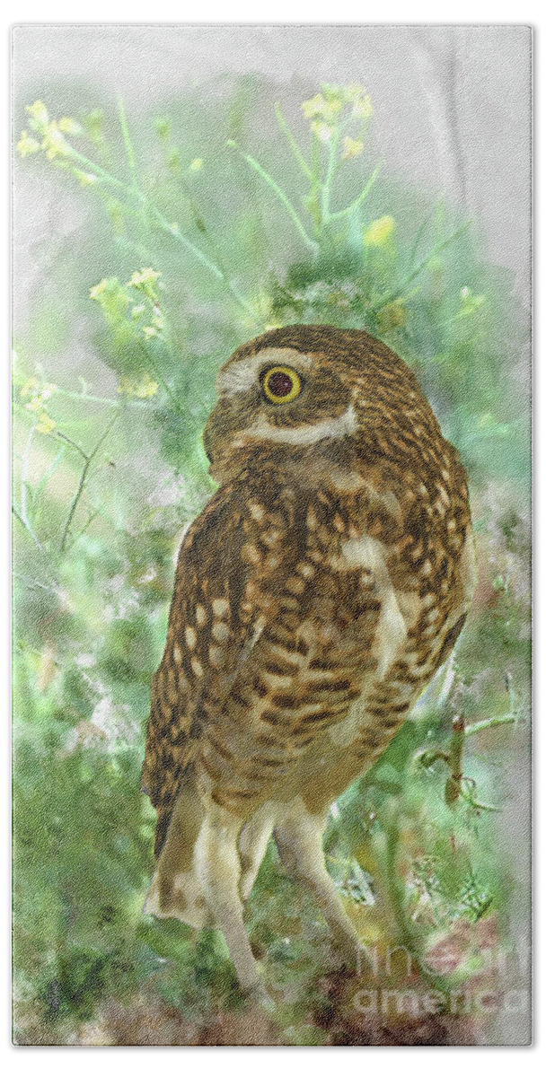 Burrowing Owl Beach Towel featuring the mixed media Burrowing Owl in Profile by Kathy Kelly