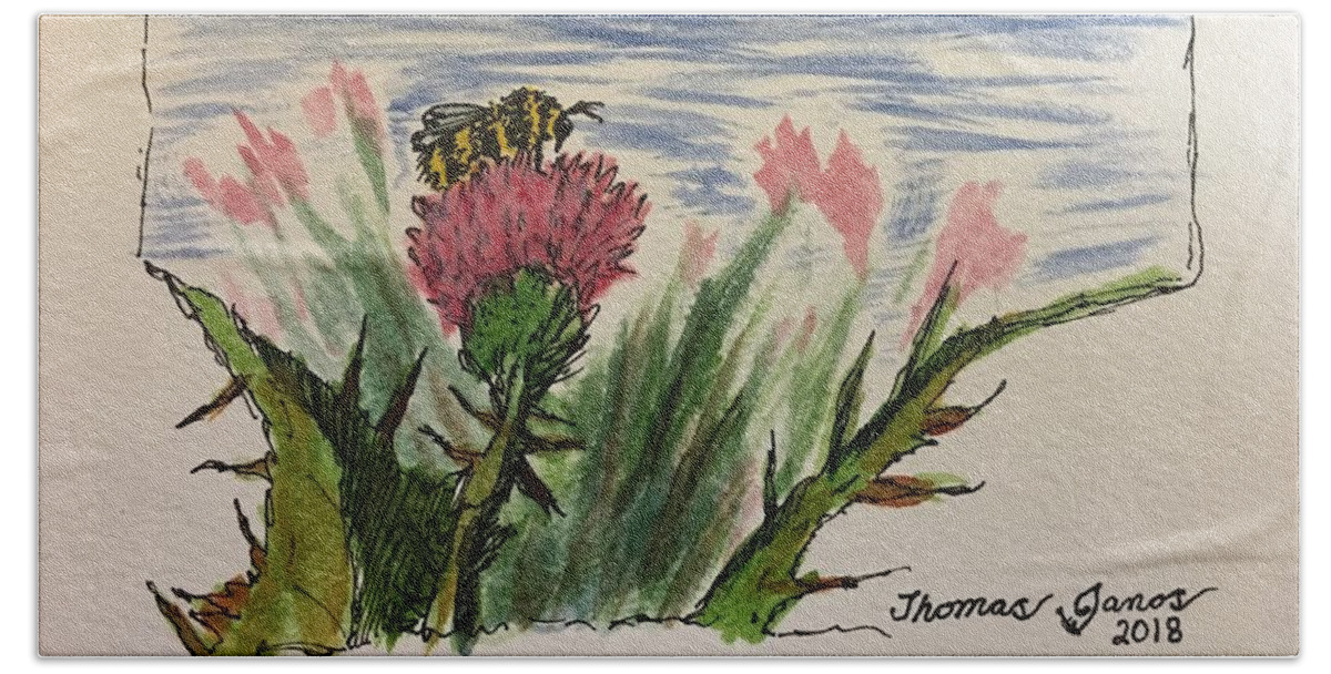 Bumblebee Beach Sheet featuring the painting Busy Bumblebee by Thomas Janos