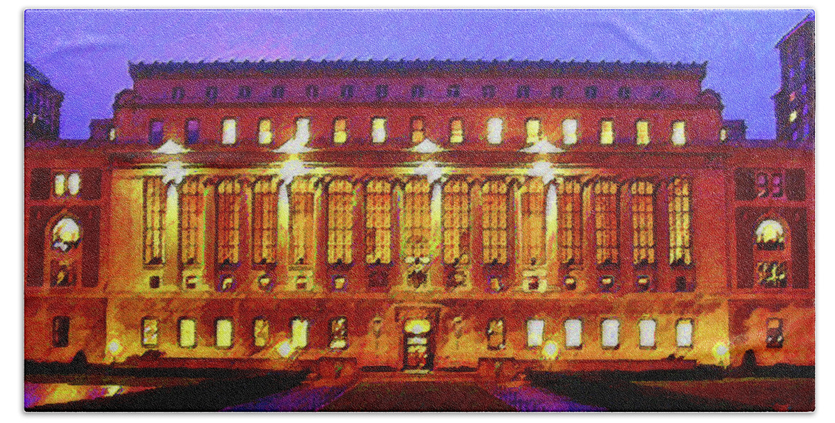 Columbia University Beach Towel featuring the painting Butler Hall by DJ Fessenden