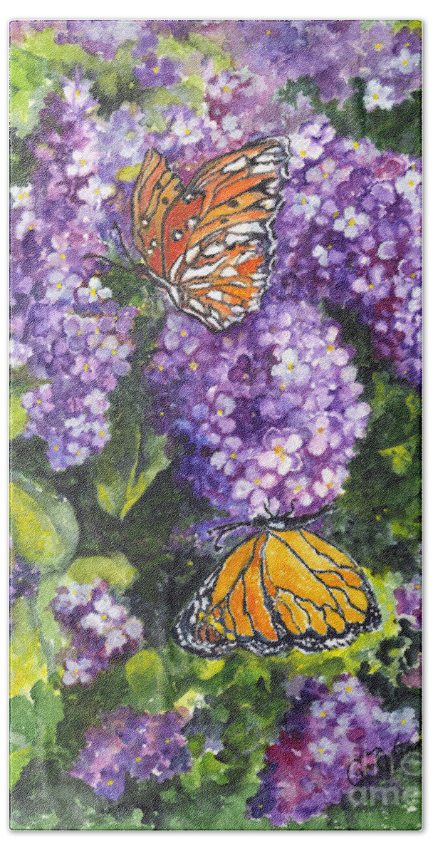 Floral Beach Towel featuring the painting Butterflies and Lilacs by Carol Wisniewski