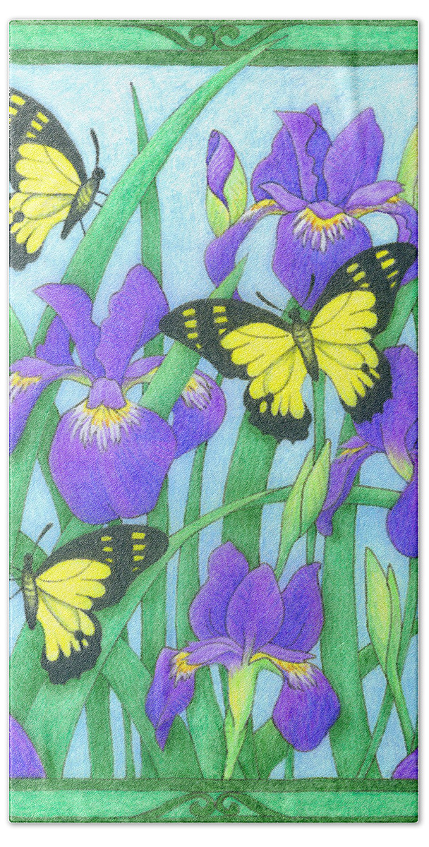Nature Beach Towel featuring the drawing Butterfly Idyll-Irises by Alison Stein
