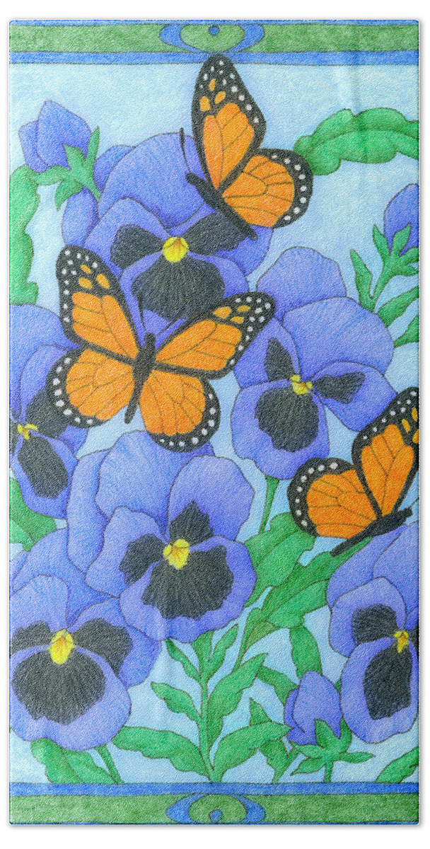 Flower Beach Towel featuring the drawing Butterfly Idyll-Pansies by Alison Stein