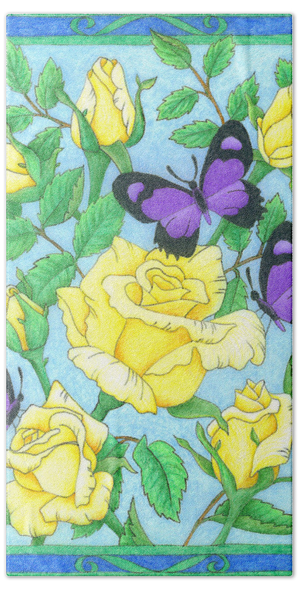Flower Beach Sheet featuring the drawing Butterfly Idyll-Roses by Alison Stein