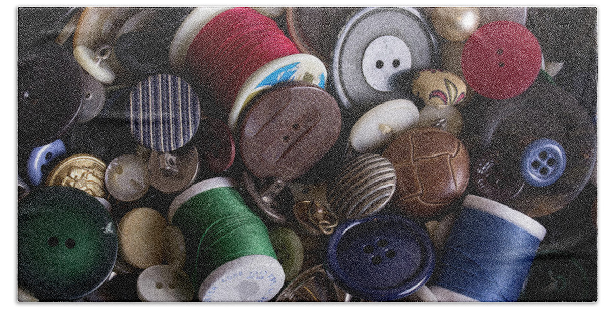 Thread Beach Towel featuring the photograph Buttons And Bobbins by Mike Eingle