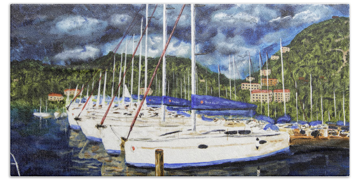 Acrylic Paintings Beach Towel featuring the painting BVI Sailboats Painting by Timothy Hacker