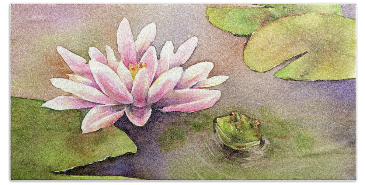 Watercolor Frog Beach Towel featuring the painting By the Waterlily by Amy Kirkpatrick