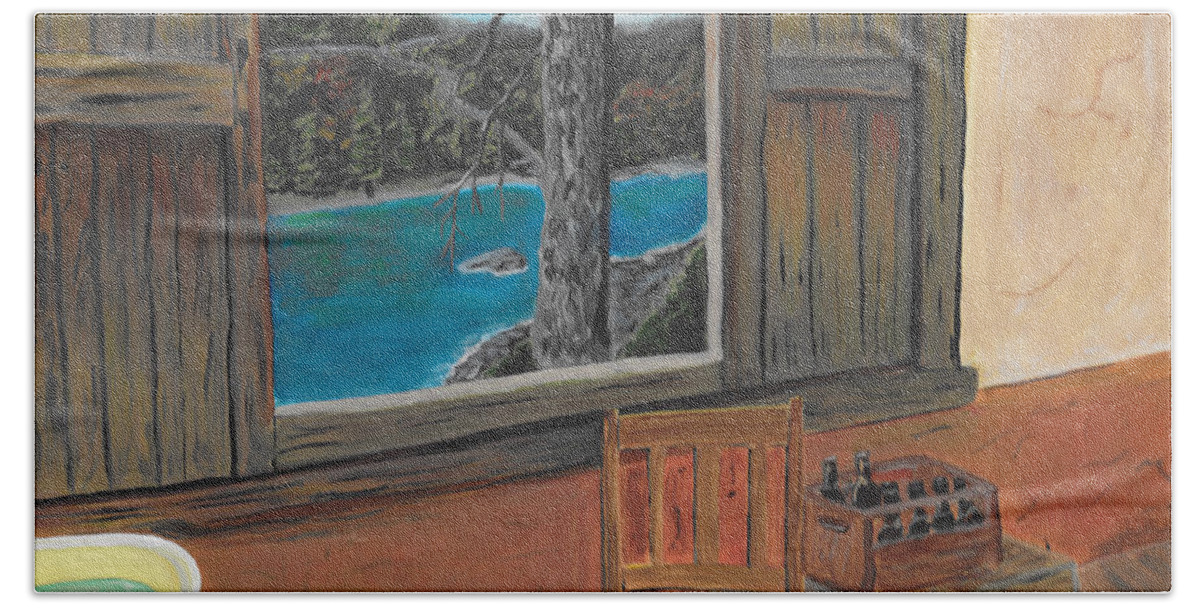Cabin Beach Towel featuring the painting Cabin Window by David Bigelow
