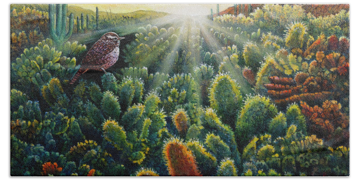 Cactus Wren Beach Towel featuring the painting Cactus Wren by Michael Frank