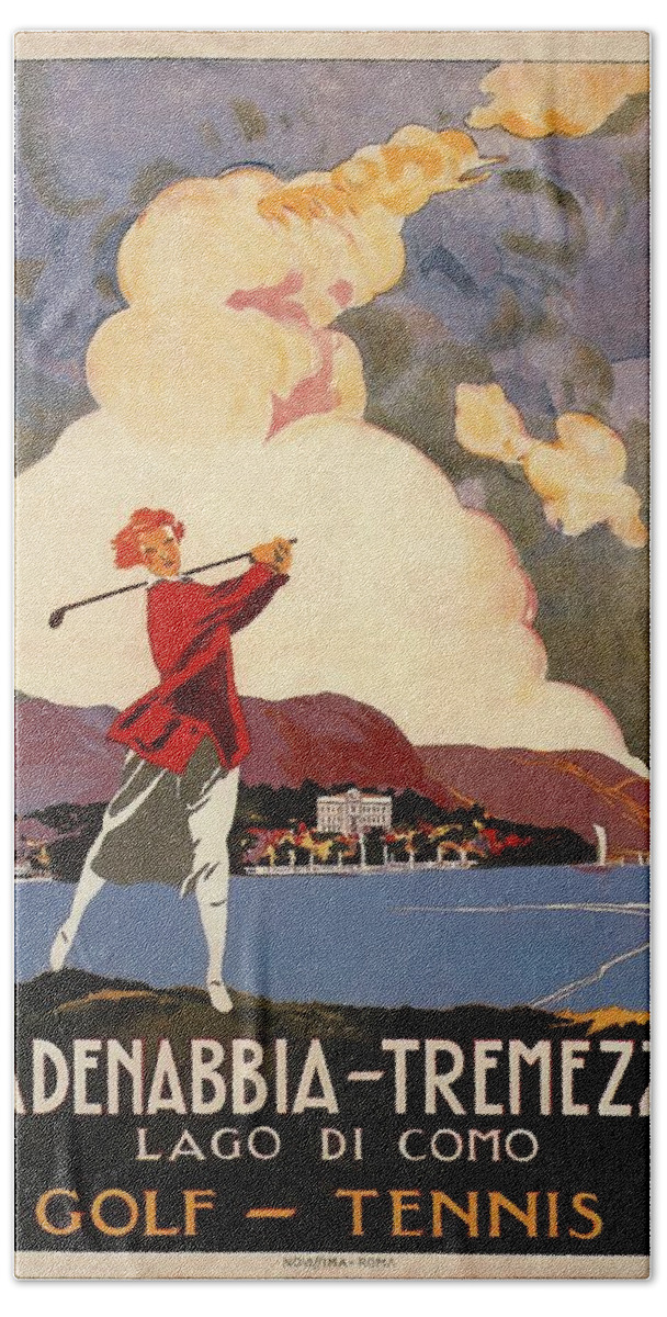 Golf Beach Towel featuring the mixed media Cadenabbia Tremezzo, Golf and Tennis - Golf Club - Retro travel Poster - Vintage Poster by Studio Grafiikka
