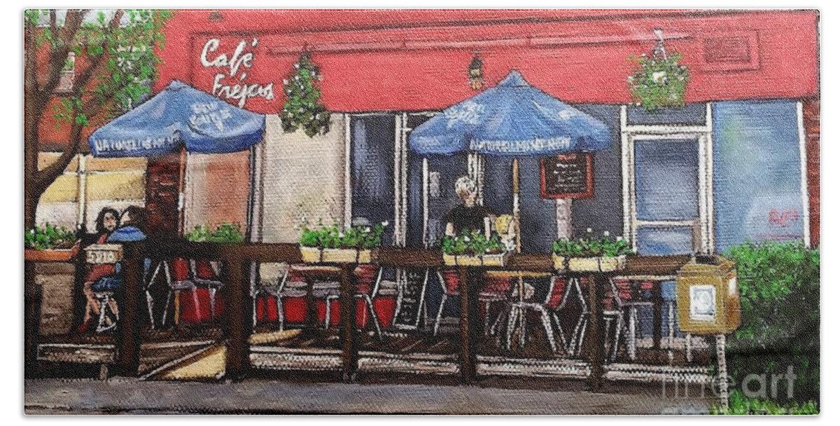 Coffee Shops Beach Sheet featuring the painting Cafe Frejus Verdun by Reb Frost