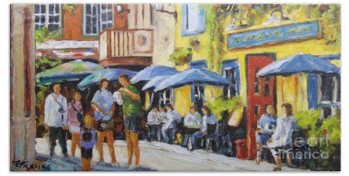 Balcony Beach Towel featuring the painting Cafe in the Old Quebec by Richard T Pranke