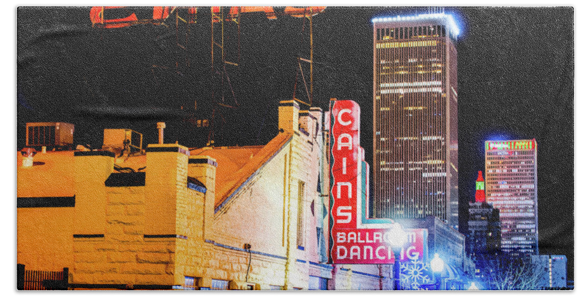 America Beach Towel featuring the photograph Cains Ballroom Music Hall and the Tulsa Skyline by Gregory Ballos