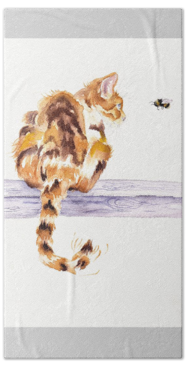 Cat Beach Towel featuring the painting Calico Cat Bee Watchful by Debra Hall