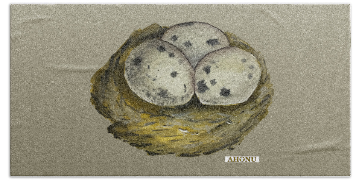 Quail Beach Towel featuring the painting California Quail Eggs in Nest by AHONU Aingeal Rose