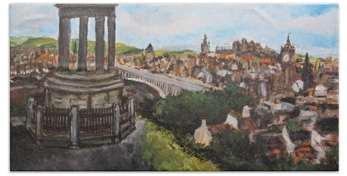 Edinburgh Beach Towel featuring the painting Calton Hill over Auld Reekie by C E Dill