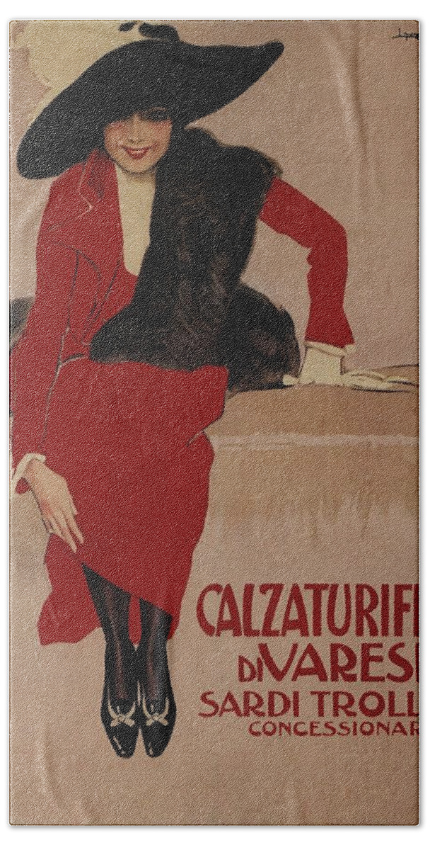 Calzaturificio Di Beach Towel featuring the mixed media Calzaturificio Di Varese - Shoe Factory - Vintage Advertising Poster by Studio Grafiikka