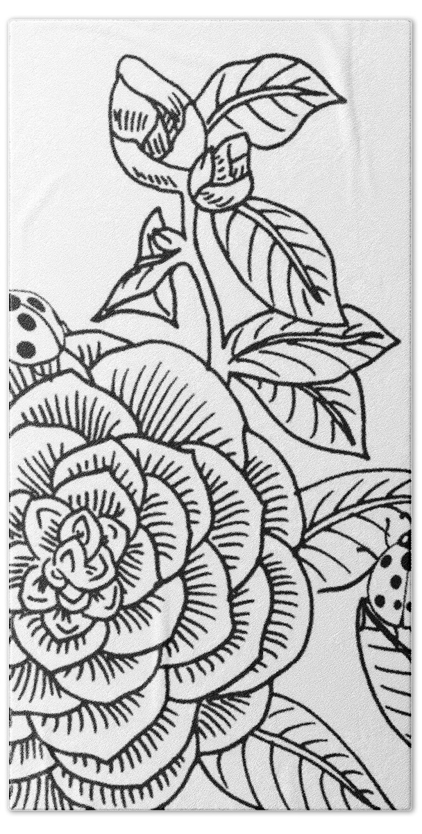 Camellia Beach Towel featuring the drawing Camellia And Ladybugs Drawing by Irina Sztukowski