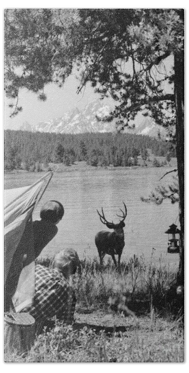 1950s Beach Towel featuring the photograph Campers And Deer, C.1960s by D. Corson/ClassicStock