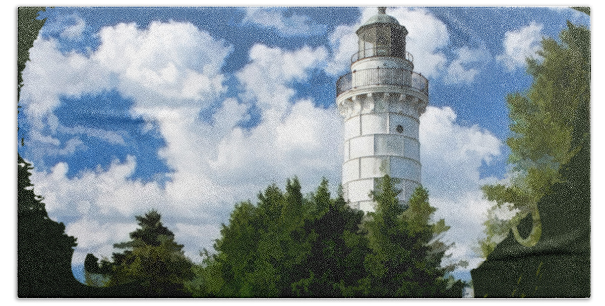 Cana Island Lighthouse Beach Sheet featuring the painting Cana Island Lighthouse Cloudscape in Door County by Christopher Arndt