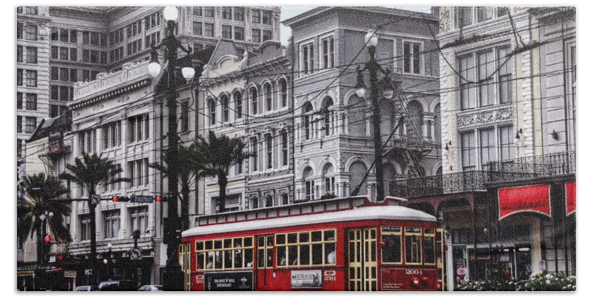 Nola Beach Towel featuring the photograph Canal Street Trolley by Tammy Wetzel