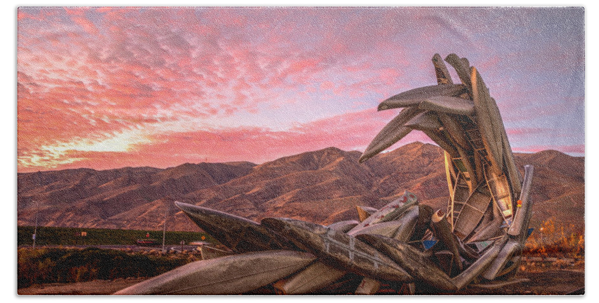 Lewiston Beach Towel featuring the photograph Canoe Art Sculpture with Pink Clouds by Brad Stinson