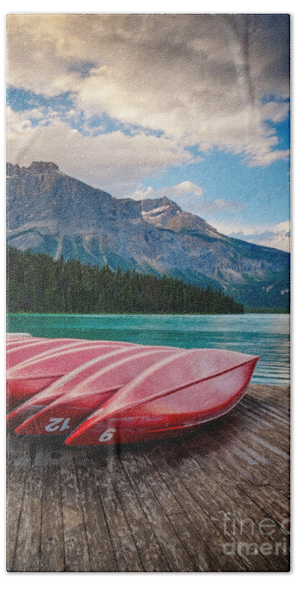 British Columbia Beach Towel featuring the photograph Canoes at Emerald Lake in Yoho National Park by Bryan Mullennix