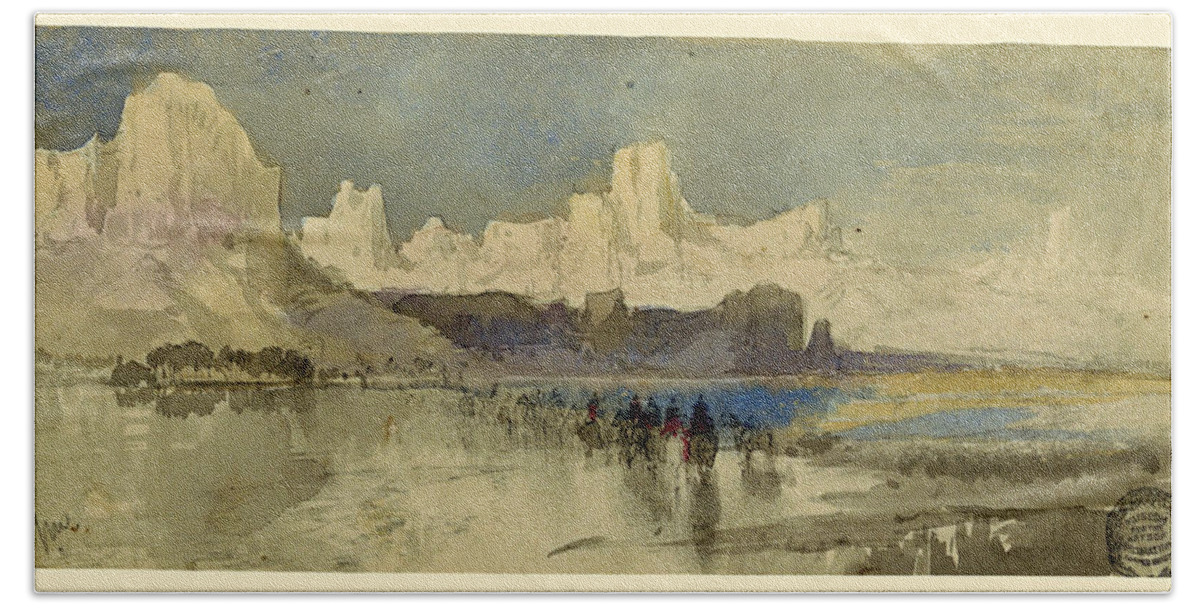 Thomas Moran Beach Towel featuring the drawing Canyon of the Rio Virgin, South Utah, 1873 by Thomas Moran