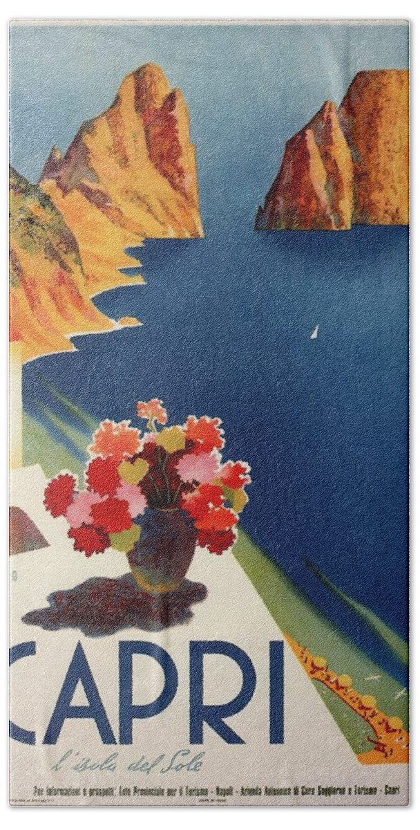 Capri Island Naples Italy Flowers Bay Sea Mountains Water Tourism Lithograph Retro Advertising Poster Poster Wall Art Vintage Retro Travel 1920 Retro Travel Art Retro Poster Vintage Poster Poster Print Travel Poster Illustrated Poster Gifts Illustration Buy Art Online Vintage Travel Poster Affiche Bauhaus Art Nouveau Art Deco 1920 Poster Vintage Decor Classical European Vintage Posters Best Seller Affiche Vintage Office Decor Modern Wall Decor Home Decor Beach Towel featuring the mixed media Capri Island, Bay of Naples, Italy - Retro travel Poster - Vintage Poster by Studio Grafiikka