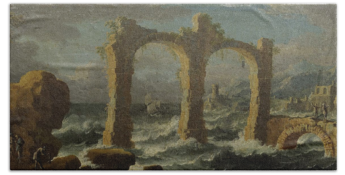 Leonardo Coccorante Napoli 1680  1750 Beach Towel featuring the painting Capriccio with a storm on the sea by Leonardo Coccorante