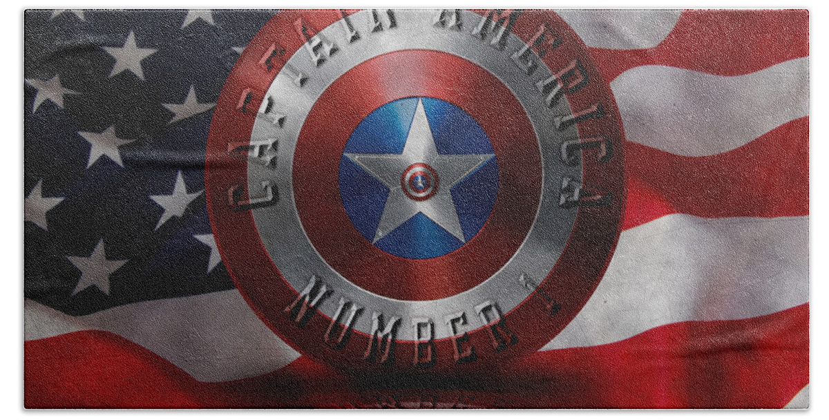 Captain America Shield Beach Towel featuring the painting Captain America Typography on Captain America Shield by Georgeta Blanaru