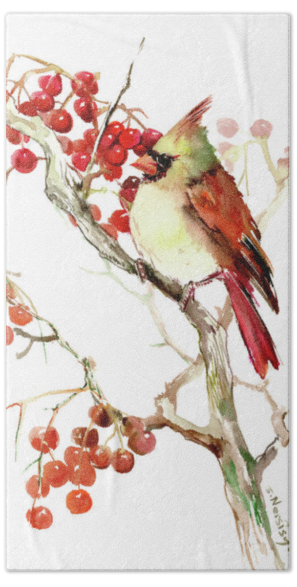 Cardinal Beach Sheet featuring the painting Cardinal Bird and Berries by Suren Nersisyan