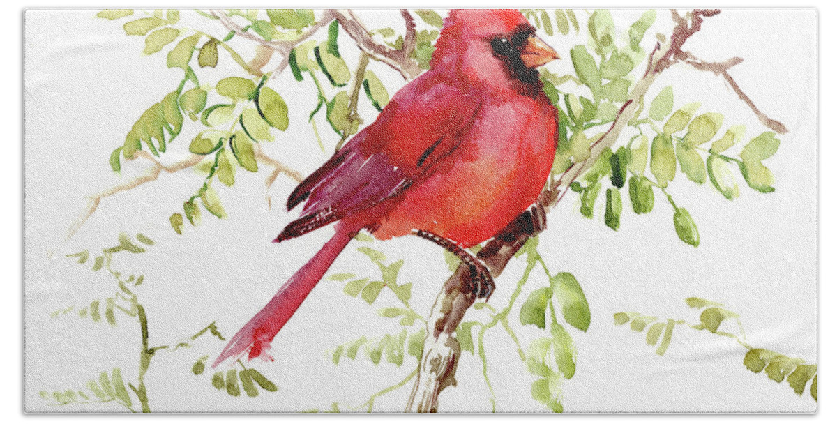 Bird Art Beach Sheet featuring the painting Cardinal Bird by Suren Nersisyan