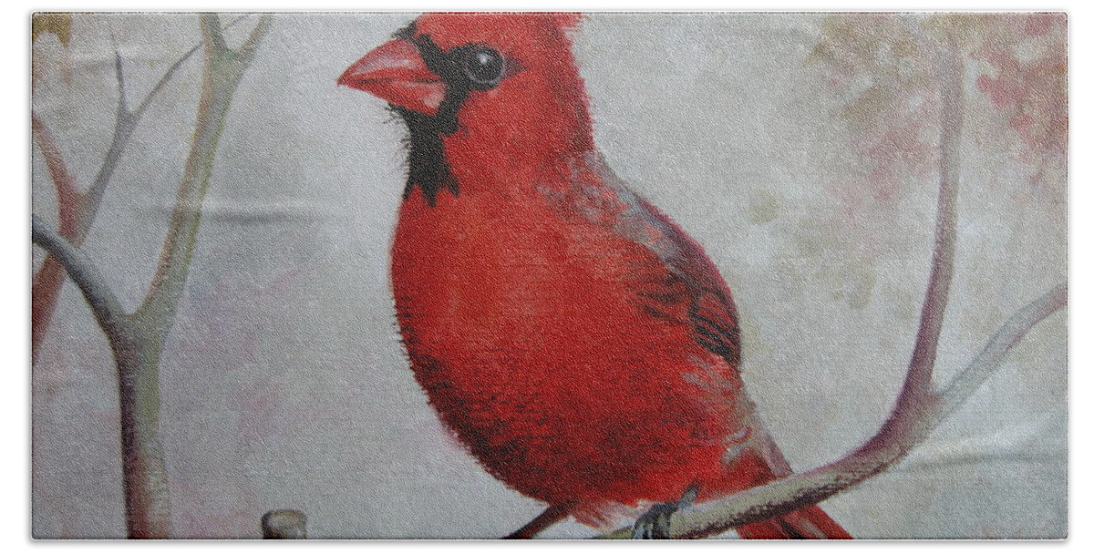 Bird Beach Towel featuring the painting Cardinal by Elena Oleniuc