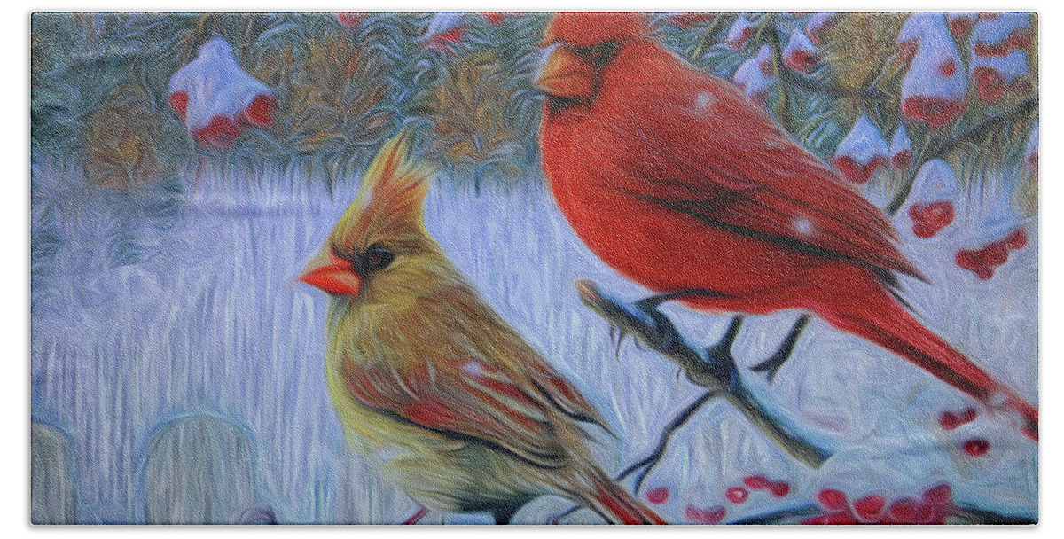 Painted Photo Beach Towel featuring the digital art Cardinal Family by Dennis Baswell