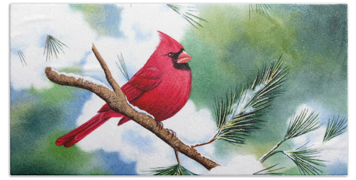Cardinal Beach Towel featuring the painting Cardinal In Winter by Deborah Ronglien