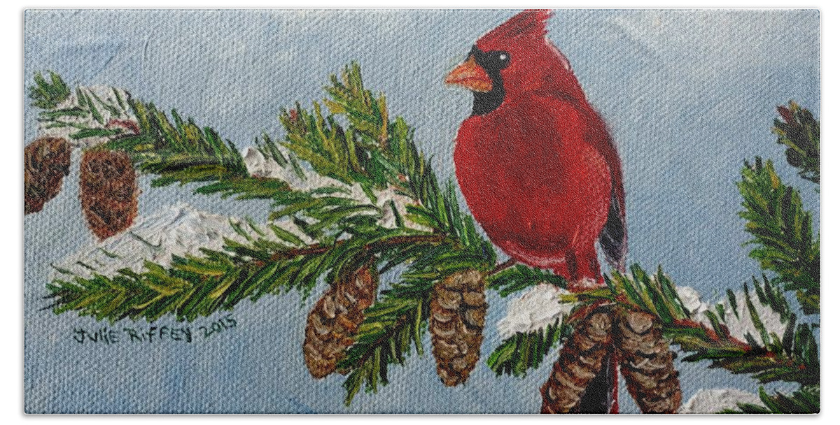 Cardinal Beach Towel featuring the painting Cardinal on Snowy Branch by Julie Brugh Riffey