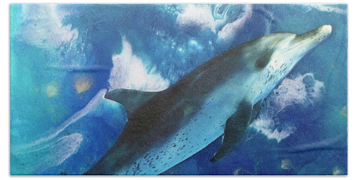 Resin Art Beach Towel featuring the painting Caribbean Dolphin by Maria Karlosak