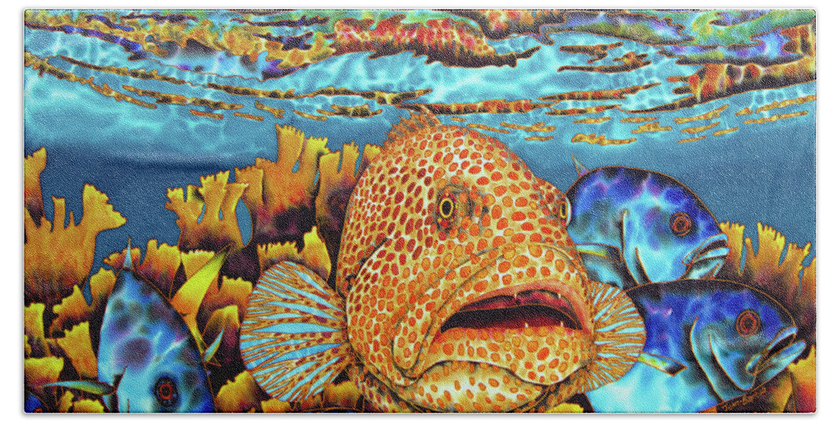 Tiger Grouper Beach Towel featuring the painting Caribbean Sea - Eden by Daniel Jean-Baptiste