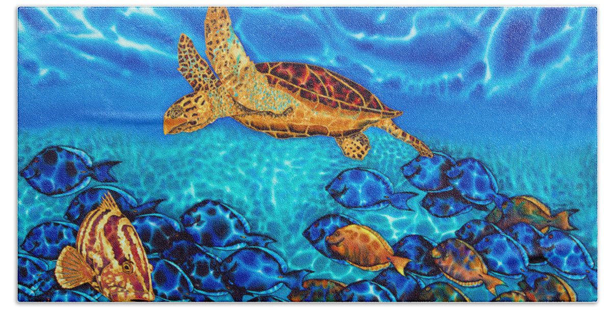 Turtle Beach Towel featuring the painting Caribbean Sea Turtle and Reef Fish by Daniel Jean-Baptiste