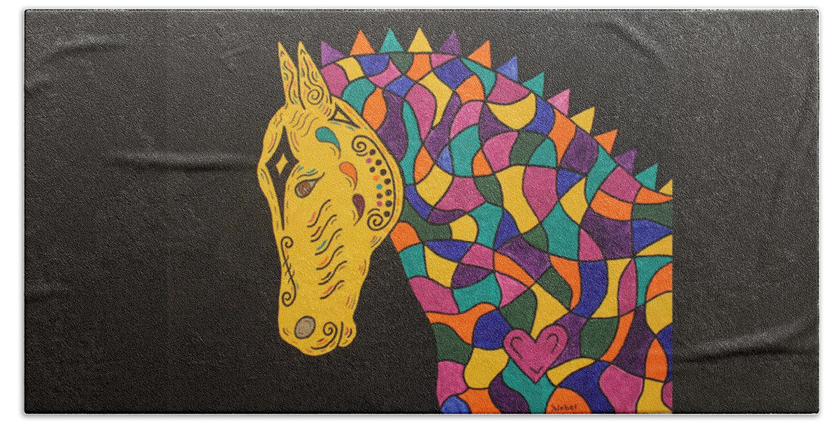 Horse Beach Towel featuring the painting Carnival Stained Glass Tribal Horse by Susie WEBER
