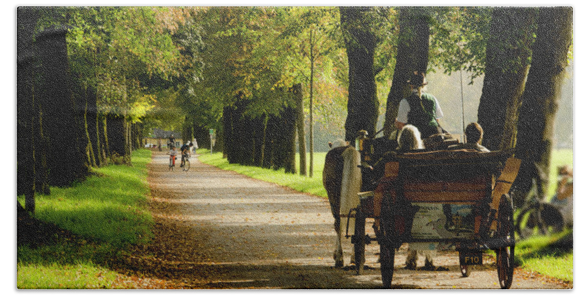 Carriage Beach Towel featuring the photograph Carriage ride in Hellbrunn by Wolfgang Stocker