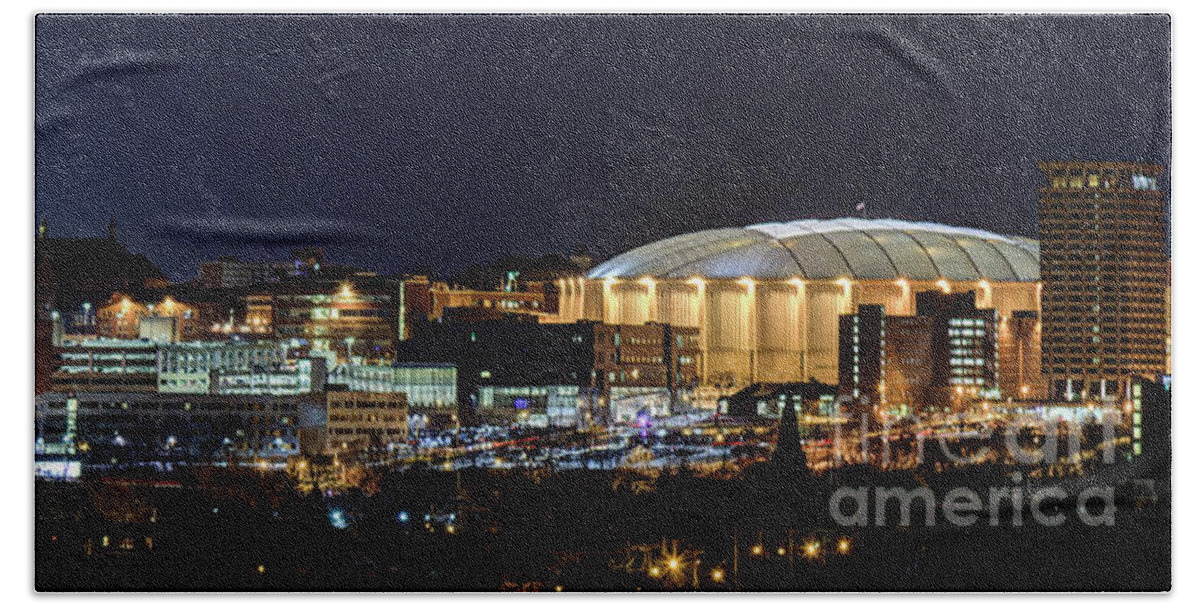 Skyline Beach Towel featuring the photograph Carrier Dome and Syracuse Skyline Panoramic View by Rod Best