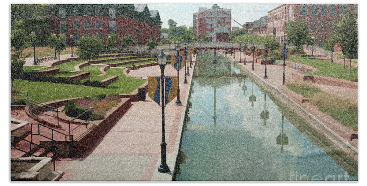 Carroll Creek Beach Towel featuring the digital art Carroll Creek Park in Frederick Maryland with watercolor effect by William Kuta