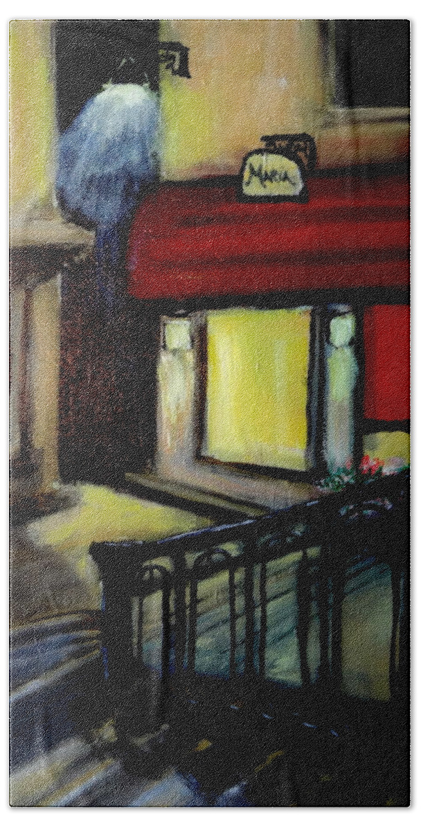 Venice Beach Towel featuring the painting Casa Maria Venice Street at Night by Katy Hawk