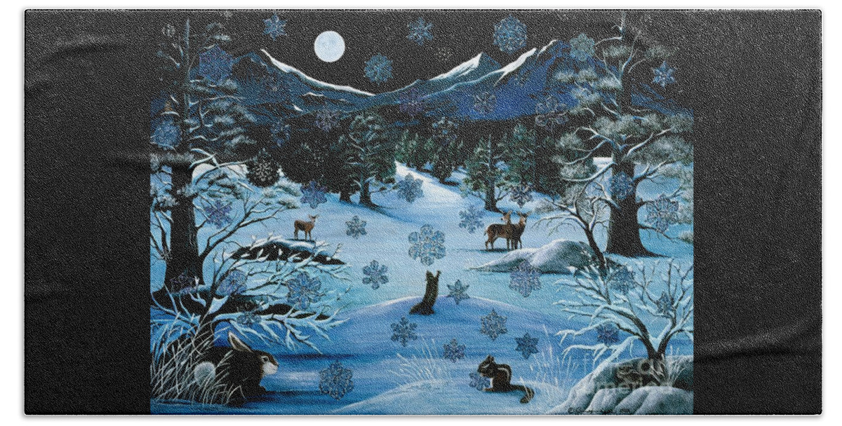 Snowflakes|mountains|night|winter|animals|whimsical| Beach Sheet featuring the painting Cascade Snowflake by Jennifer Lake