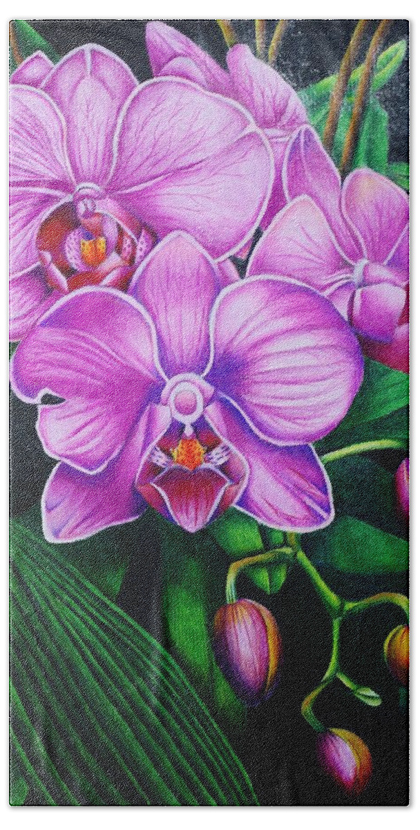 Flora Beach Towel featuring the drawing Cascading Orchids by Bruce Bley