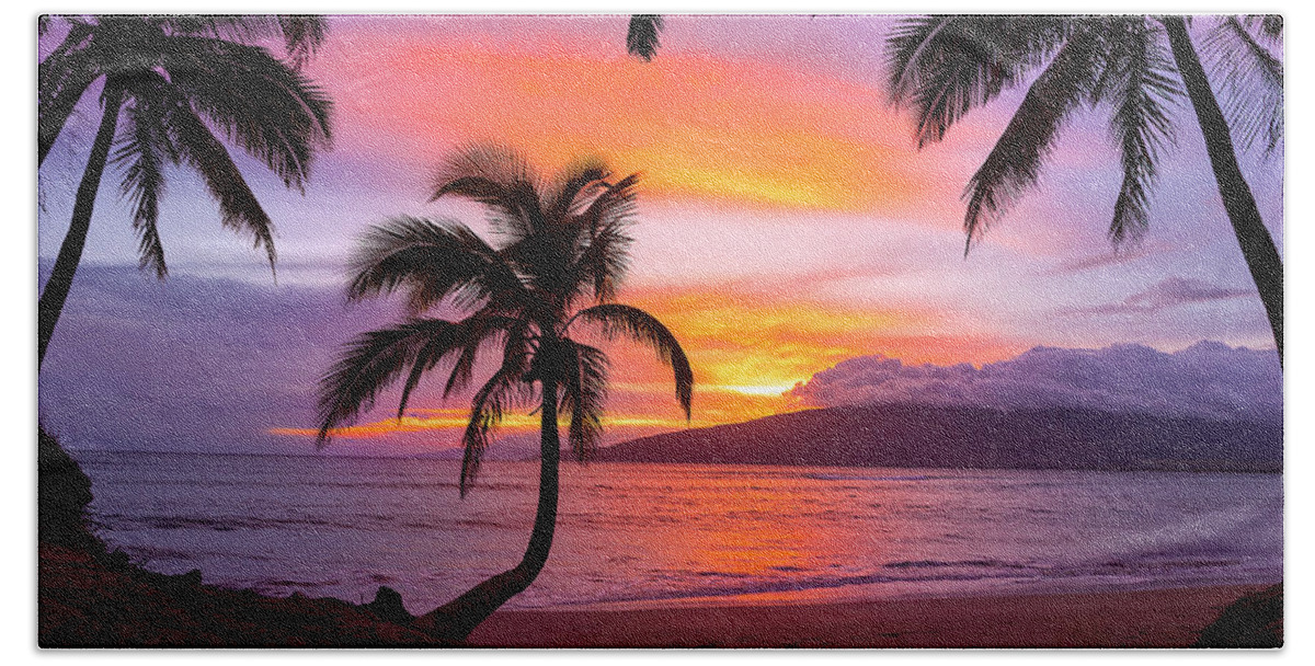 Maui Hawaii Sunset Palmtrees Ocean Fineart Photography Beach Sheet featuring the photograph Cascading Palms by James Roemmling