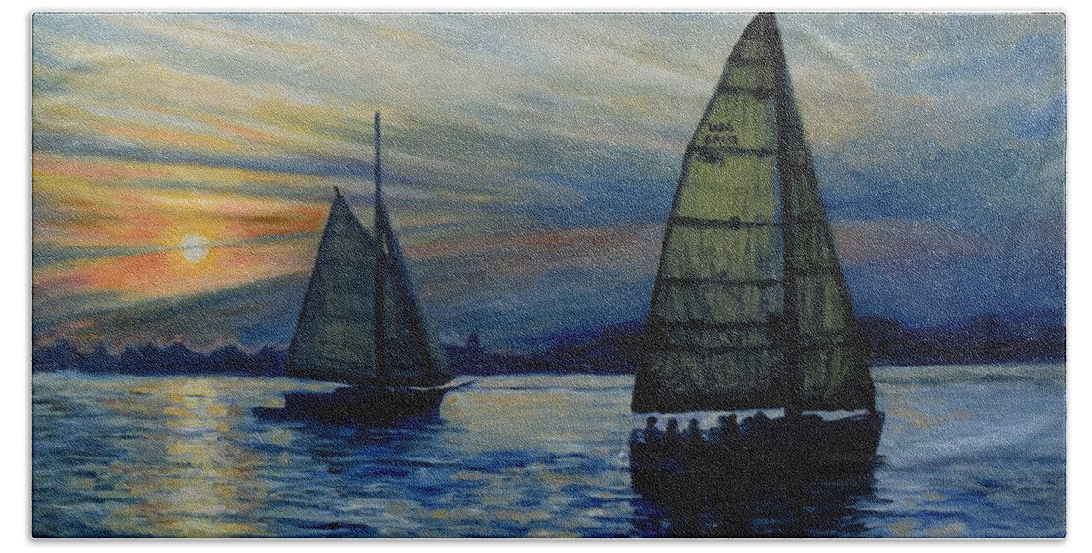 Maine Beach Towel featuring the painting Casco Bay Sunset by Eileen Patten Oliver